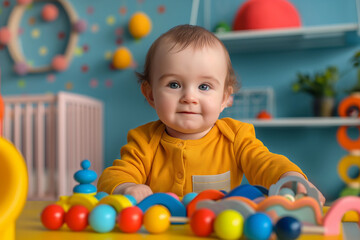 Fototapeta premium Cute baby boy playing with colorful toys at home, closeup