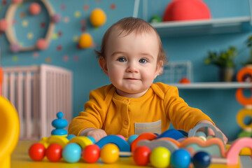 Cute baby boy playing with colorful toys at home, closeup