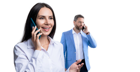 Business negotiation call. Phone call to colleague. Businesspeople talking isolated on white. Businesspeople using phone for conversation. Business communication in office. Dealing with problems - 788516686