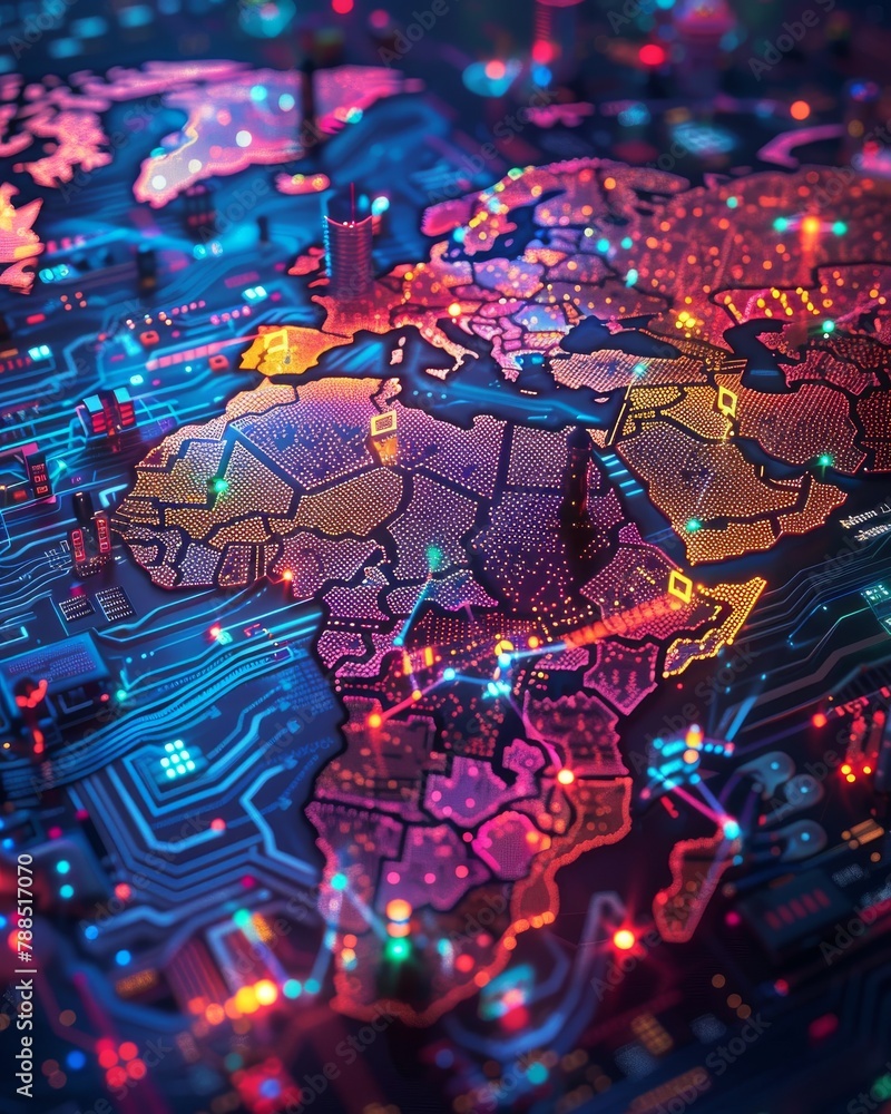 Aufkleber craft an intricate pixel art piece featuring a world map where each country is uniquely pixelated, i