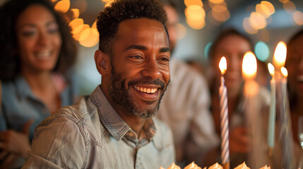 Surrounded by friends and family, someone is taken aback by a surprise birthday party, their face alight with delighted shock and elation at the unexpected celebration. - obrazy, fototapety, plakaty