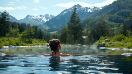 Surrounded by serene mountain scenery or lush forest, someone soaks in natural hot springs, feeling the soothing warmth and relaxation of the mineral-rich waters, eyes closed in bliss.