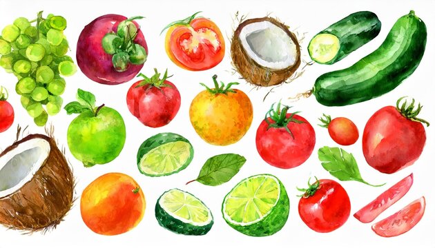 Watercolor fruit and vegetables set. Juicy and colorful fruit on white background including apples, coconut, lime, tomatoes, cucumber and more. Vegetarian diet food with vitamins.
