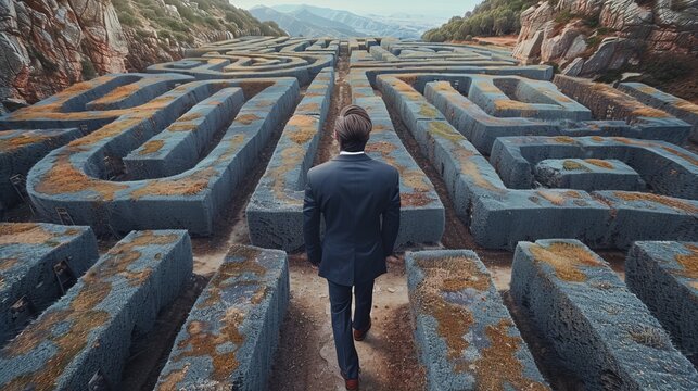Businessman going straight ahead on a wide road between mazes