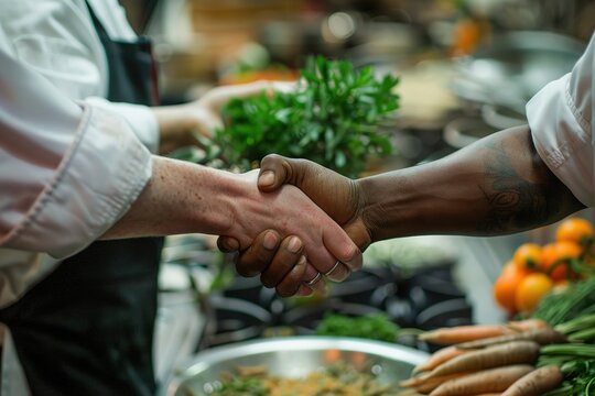 Two chefs shaking hands in a kitchen filled with fresh produce.
