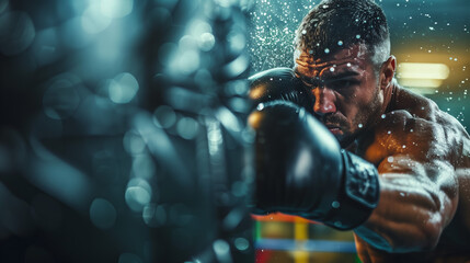 A boxer trains intensely, throwing punches at a bag or shadowboxing with focus and precision