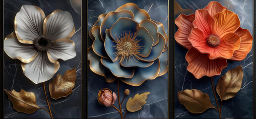 Vivid Floral Triptych: 3D Art on Marble Background