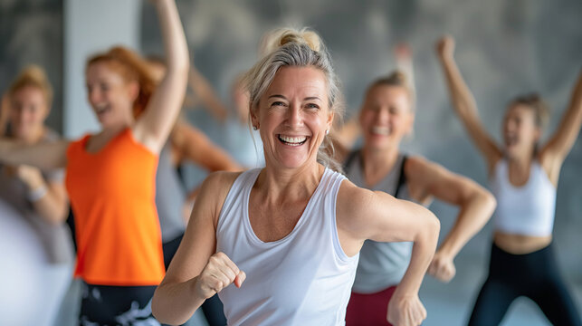 A group of middle-aged women enjoying a  dance in gym class. Active lifestyle in menopause
