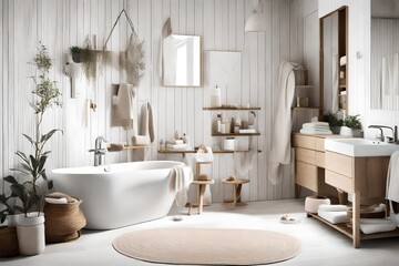 a bathroom retreat with neutral tones and soft towels, reflecting the comforting simplicity of Scandinavian hygge design.