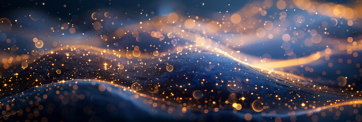 	
Abstract background with golden glitter and blue wave of light, beautiful abstract dark blue background with bokeh light Abstract background with glowing particles	
