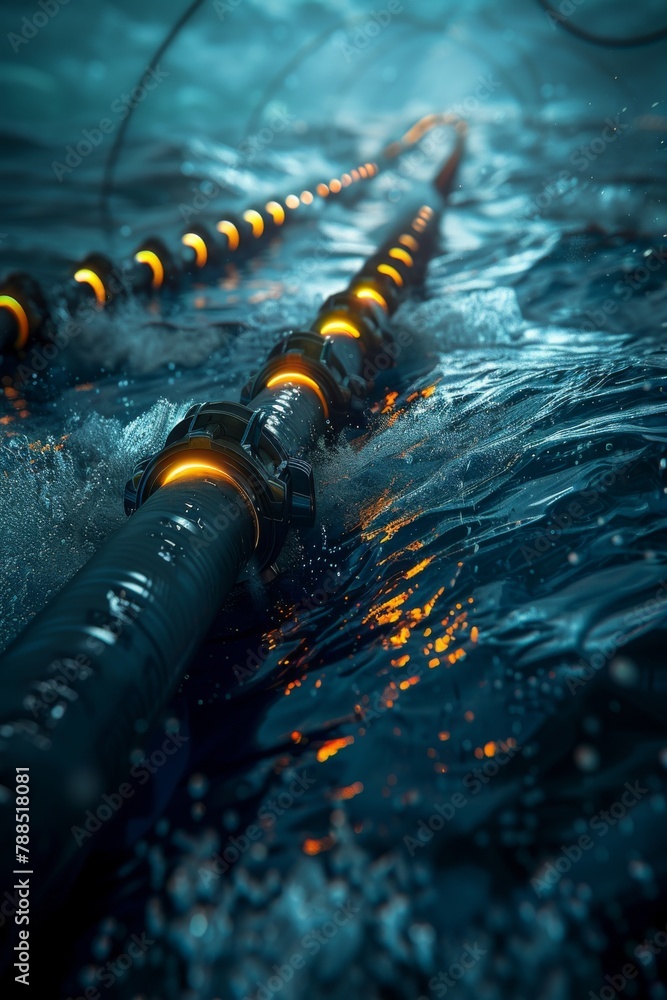Poster cg 3d rendering of a close-up view of data transmission paths beneath the ocean surface highlight th