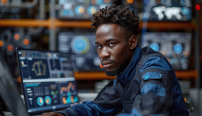 A young Black man in a blue work uniform sits at a control panel with multiple screens displaying data.