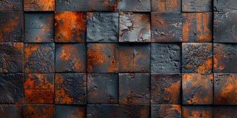 Dark gray and orange metal cubes with rusted textures,, Dark abstract metal blocks with orange rust textures background, dark gold orange square block wall background
