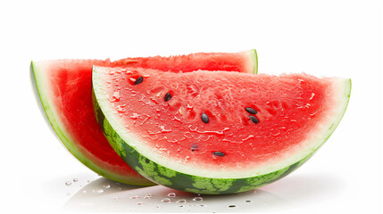 Juicy red watermelon cut into pieces isoated with droplets of dew resting atop its vibrant flesh.