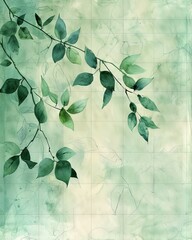 Illustrate a serene nature scene utilizing watercolor techniques, showcasing a grid system background of delicate, intertwining branches and leaves The soft, flowing colors should evoke a sense of pea