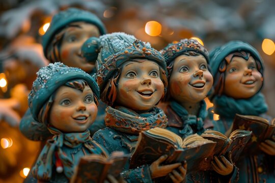 Illustrate a whimsical scene of Christmas carolers serenading under twinkling lights in a clay sculpture style, focusing on intricate textures and dynamic poses to convey a sense of festive cheer and
