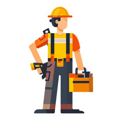 An illustration of a determined construction worker holding a toolbox and a hammer., PNG, icon