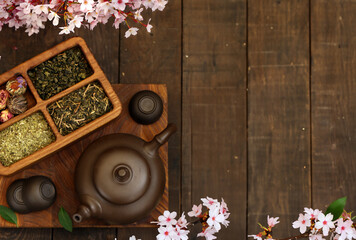 tea ceremony green tea with sakura branches - 788519455