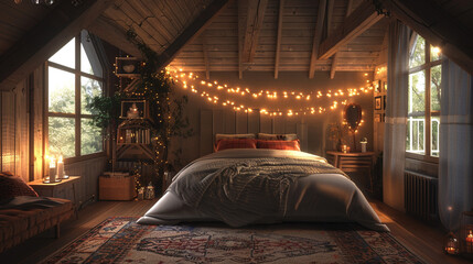 A snug attic bedroom with sloped ceilings, adorned with twinkling fairy lights.