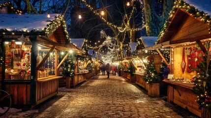A picturesque holiday market scene, with rows of wooden stalls adorned with twinkling lights and festive decorations, offering an array of handcrafted gifts, seasonal treats, and warm beverages to del - obrazy, fototapety, plakaty