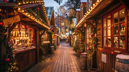 A picturesque holiday market scene, with rows of wooden stalls adorned with twinkling lights and...