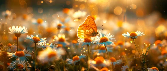 Foto op Plexiglas Sunlit meadow of white daisy flowers with fluttering butterflies. The natural beauty of summer nature, Panoramic landscape. Picturesque view. Atmosphere of calm and tranquility. © Marina_Nov