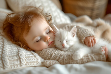Small child sleeps peacefully cuddling with his white kitten in cozy crib. Little kid with his animal. Child and cat. Kids and pets. Close-up.