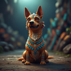 Cute cartoon aztec dog sitting surface wearing blue and orange necklace