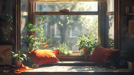 A window seat bathed in sunlight, offering a peaceful spot for afternoon daydreams.