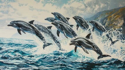 A playful group of dolphins, leaping joyfully out of the water in a spectacular display of acrobatic prowess and sheer exuberance. - obrazy, fototapety, plakaty