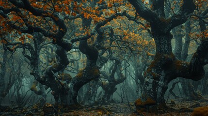 Mystical foggy enchanted forest with bright orange autumn leaves