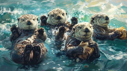 A playful group of sea otters, floating on their backs in the cool waters of the ocean as they...