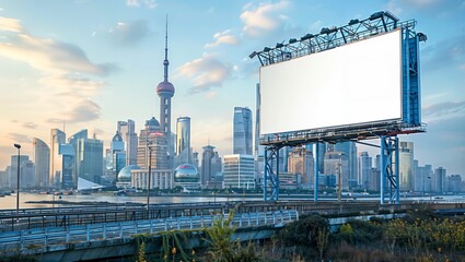 Blank vertical billboard set against the modern skyline of Shanghai, offering a prime advertising space in a high-traffic area - obrazy, fototapety, plakaty