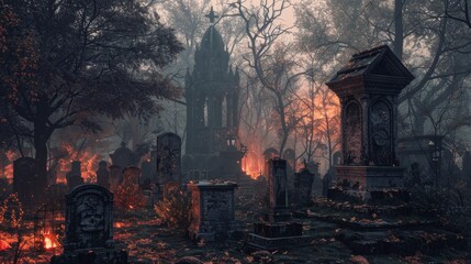 A dark and foggy cemetery with gravestones and a large mausoleum in the background. - obrazy, fototapety, plakaty