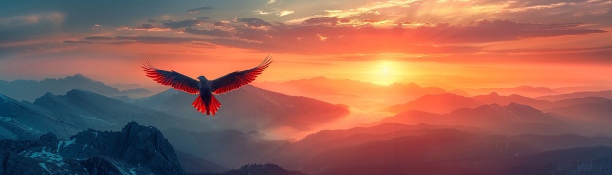 Falcon, mountain peaks, evening, griffin soaring painting, aerial perspective, twilight skies, majestic freedom