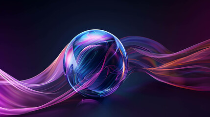 3D rendering of a glowing sphere with flowing colorful waves around it.