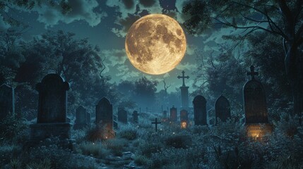 A full moon rises over a spooky graveyard. - obrazy, fototapety, plakaty