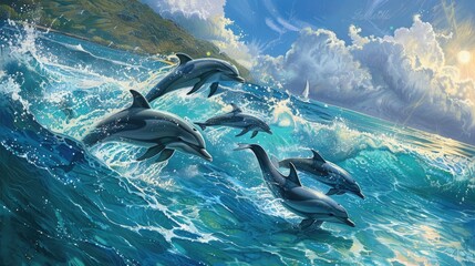 A pod of dolphins, gracefully leaping through the crystal-clear waters of the ocean in perfect harmony. - obrazy, fototapety, plakaty