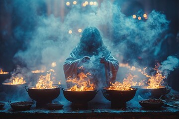 Witchs conclave, cauldron brew, midnight, coven under moonlight, intimate ritual, nocturnal magic, witchcraft communion - obrazy, fototapety, plakaty