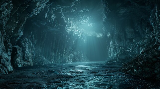 Dark and mysterious cave with a bright light at the end of the tunnel