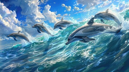 A pod of dolphins, gracefully leaping through the crystal-clear waters of the ocean in perfect...