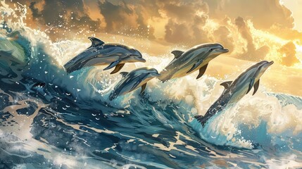 A pod of playful dolphins, leaping joyfully out of the sparkling waves of the ocean, their sleek bodies glistening in the warm sunlight as they ride the crest of each wave with effortless grace. - obrazy, fototapety, plakaty