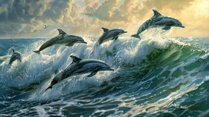 A pod of playful dolphins, leaping joyfully out of the sparkling waves of the ocean, their sleek bodies glistening in the warm sunlight as they ride the crest of each wave with effortless grace.