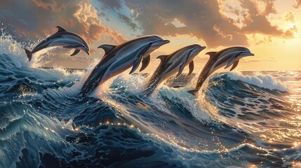 A pod of playful dolphins, leaping joyfully out of the sparkling waves of the ocean, their sleek bodies glistening in the warm sunlight as they ride the crest of each wave with effortless grace.