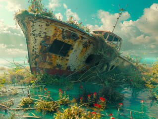 derelict ship overgrown with plants and flowers
