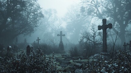A dark and foggy graveyard with overgrown grass and trees - obrazy, fototapety, plakaty