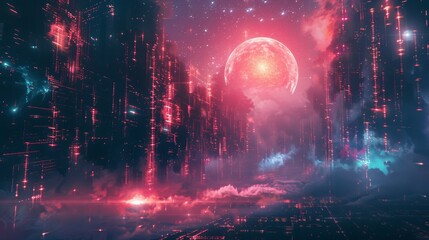 A digital painting of a city in the future with a red moon and a starry night sky.