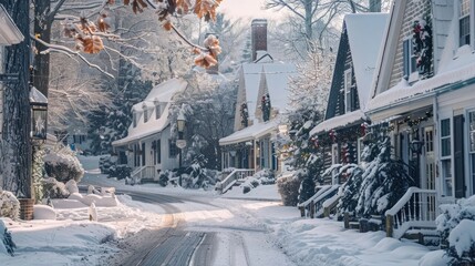 A quaint snowy village scene, with charming cottages dusted with powdery snow and festive wreaths adorning each door, capturing the idyllic charm of a winter wonderland holiday.