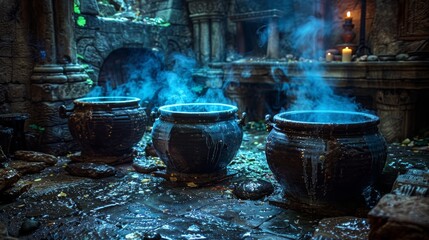 Three bubbling cauldrons in a dark, stone room.