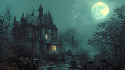 Obraz premium A large haunted house with a full moon in the background